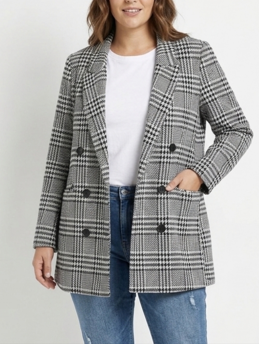 Dynamite Black and White Plaid Cotton Blend Double Breasted Sweater Blazer
